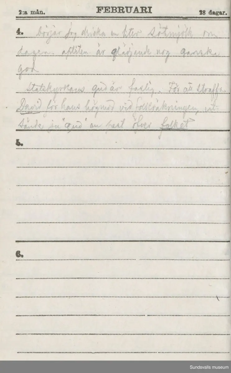 Dagbok. Erik Petter Wallmark (1870-1891) 

E.P. Wallmark föddes på ett hemman i Valla, Selånger. Han var student vid Uppsala universitet och klarade sin fil.kand. på endast två terminer.  E.P. Wallmark var sjuk i tbc och avled endast 20 år gammal. 
Anteckningarna, skrivna mellan 1888-1891, rör bland annat hans tid i Uppsala och sjukdomens förlopp. 


Se länkade filer för komplett dadbok.