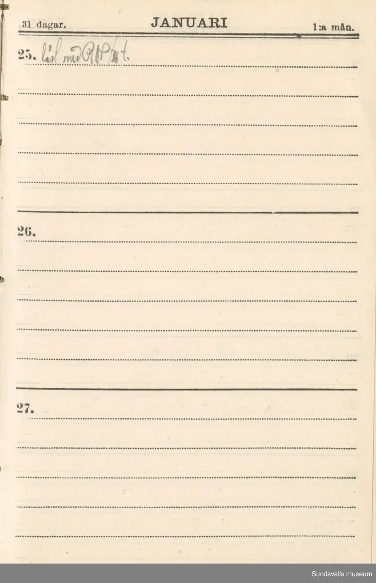 Dagbok. Erik Petter Wallmark (1870-1891) 

E.P. Wallmark föddes på ett hemman i Valla, Selånger. Han var student vid Uppsala universitet och klarade sin fil.kand. på endast två terminer.  E.P. Wallmark var sjuk i tbc och avled endast 20 år gammal. 
Anteckningarna, skrivna mellan 1888-1891, rör bland annat hans tid i Uppsala och sjukdomens förlopp. 

Se länkade filer för komplett dagbok
