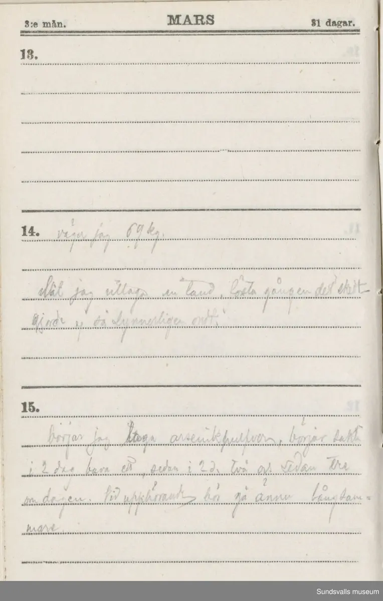 Dagbok. Erik Petter Wallmark (1870-1891) 

E.P. Wallmark föddes på ett hemman i Valla, Selånger. Han var student vid Uppsala universitet och klarade sin fil.kand. på endast två terminer.  E.P. Wallmark var sjuk i tbc och avled endast 20 år gammal. 
Anteckningarna, skrivna mellan 1888-1891, rör bland annat hans tid i Uppsala och sjukdomens förlopp. 


Se länkade filer för komplett dadbok.