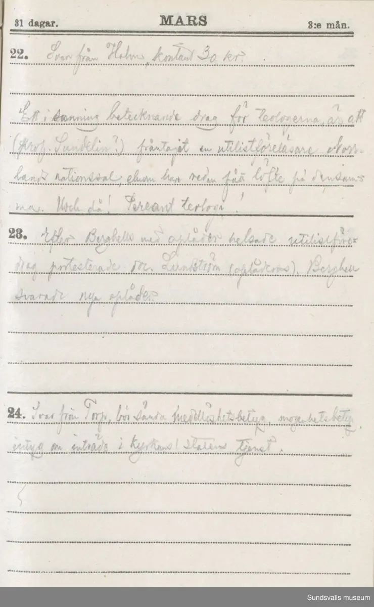 Dagbok. Erik Petter Wallmark (1870-1891) 

E.P. Wallmark föddes på ett hemman i Valla, Selånger. Han var student vid Uppsala universitet och klarade sin fil.kand. på endast två terminer.  E.P. Wallmark var sjuk i tbc och avled endast 20 år gammal. 
Anteckningarna, skrivna mellan 1888-1891, rör bland annat hans tid i Uppsala och sjukdomens förlopp. 


Se länkade filer för komplett dadbok.