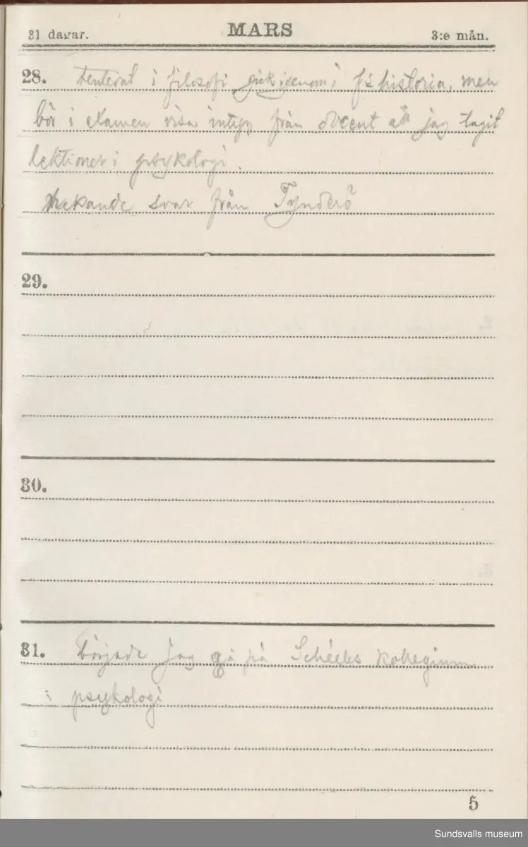 Dagbok. Erik Petter Wallmark (1870-1891) 

E.P. Wallmark föddes på ett hemman i Valla, Selånger. Han var student vid Uppsala universitet och klarade sin fil.kand. på endast två terminer.  E.P. Wallmark var sjuk i tbc och avled endast 20 år gammal. 
Anteckningarna, skrivna mellan 1888-1891, rör bland annat hans tid i Uppsala och sjukdomens förlopp. 


Se länkade filer för komplett dadbok.