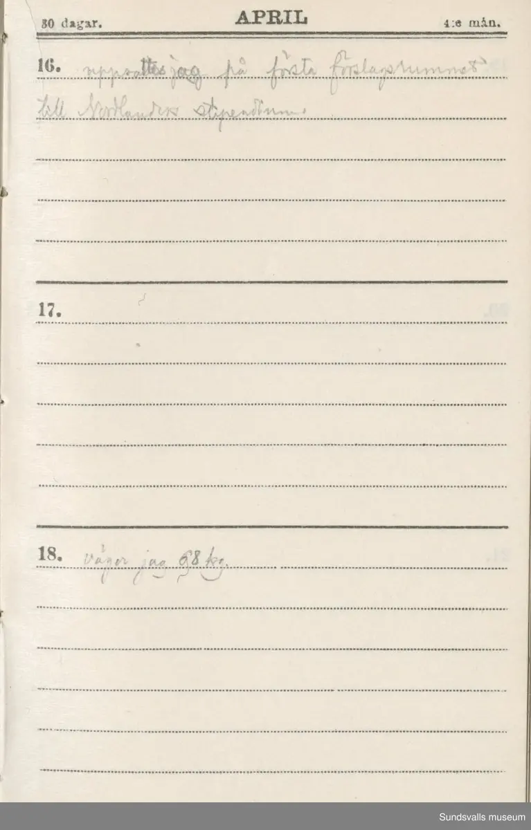 Dagbok. Erik Petter Wallmark (1870-1891) 

E.P. Wallmark föddes på ett hemman i Valla, Selånger. Han var student vid Uppsala universitet och klarade sin fil.kand. på endast två terminer.  E.P. Wallmark var sjuk i tbc och avled endast 20 år gammal. 
Anteckningarna, skrivna mellan 1888-1891, rör bland annat hans tid i Uppsala och sjukdomens förlopp. 


Se länkade filer för komplett dadbok.