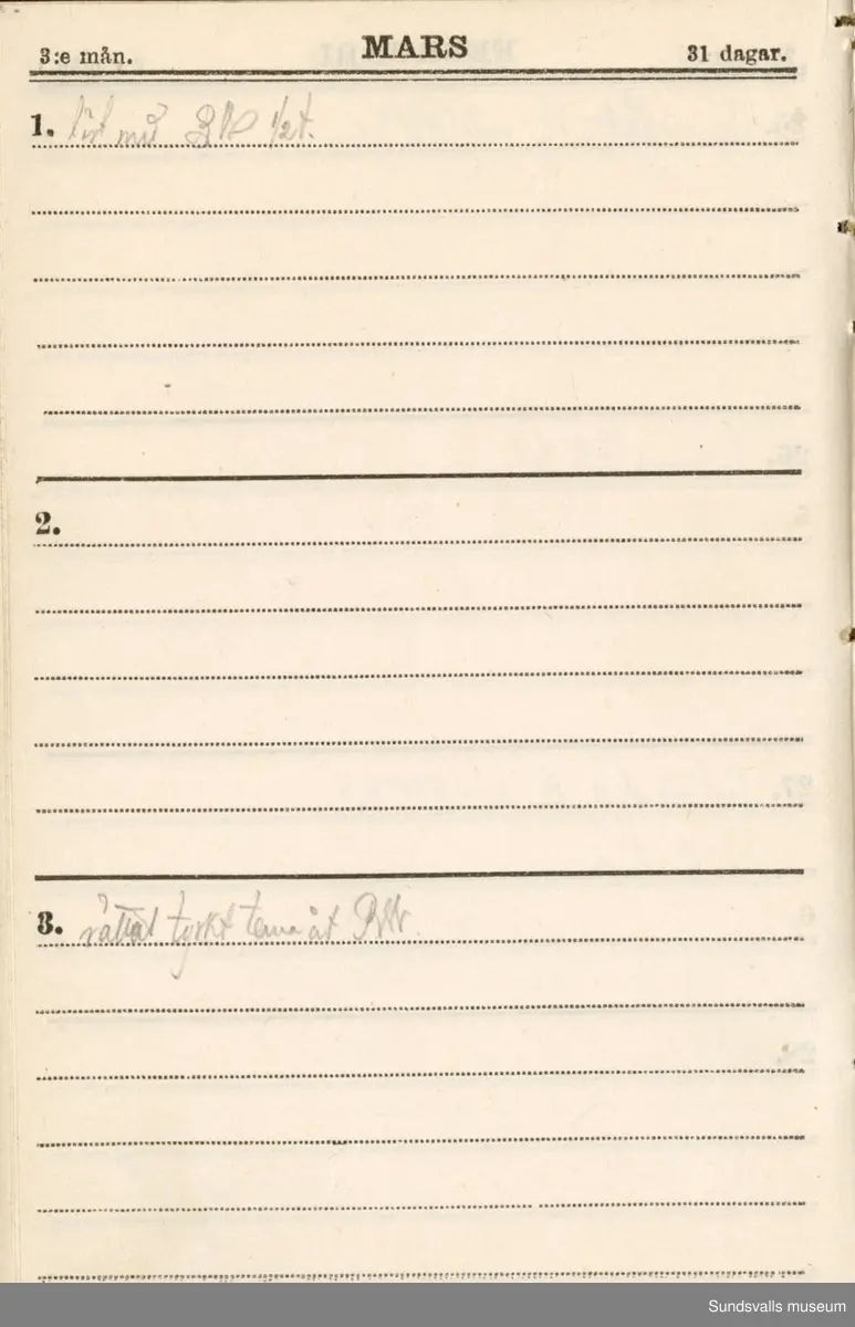 Dagbok. Erik Petter Wallmark (1870-1891) 

E.P. Wallmark föddes på ett hemman i Valla, Selånger. Han var student vid Uppsala universitet och klarade sin fil.kand. på endast två terminer.  E.P. Wallmark var sjuk i tbc och avled endast 20 år gammal. 
Anteckningarna, skrivna mellan 1888-1891, rör bland annat hans tid i Uppsala och sjukdomens förlopp. 

Se länkade filer för komplett dagbok