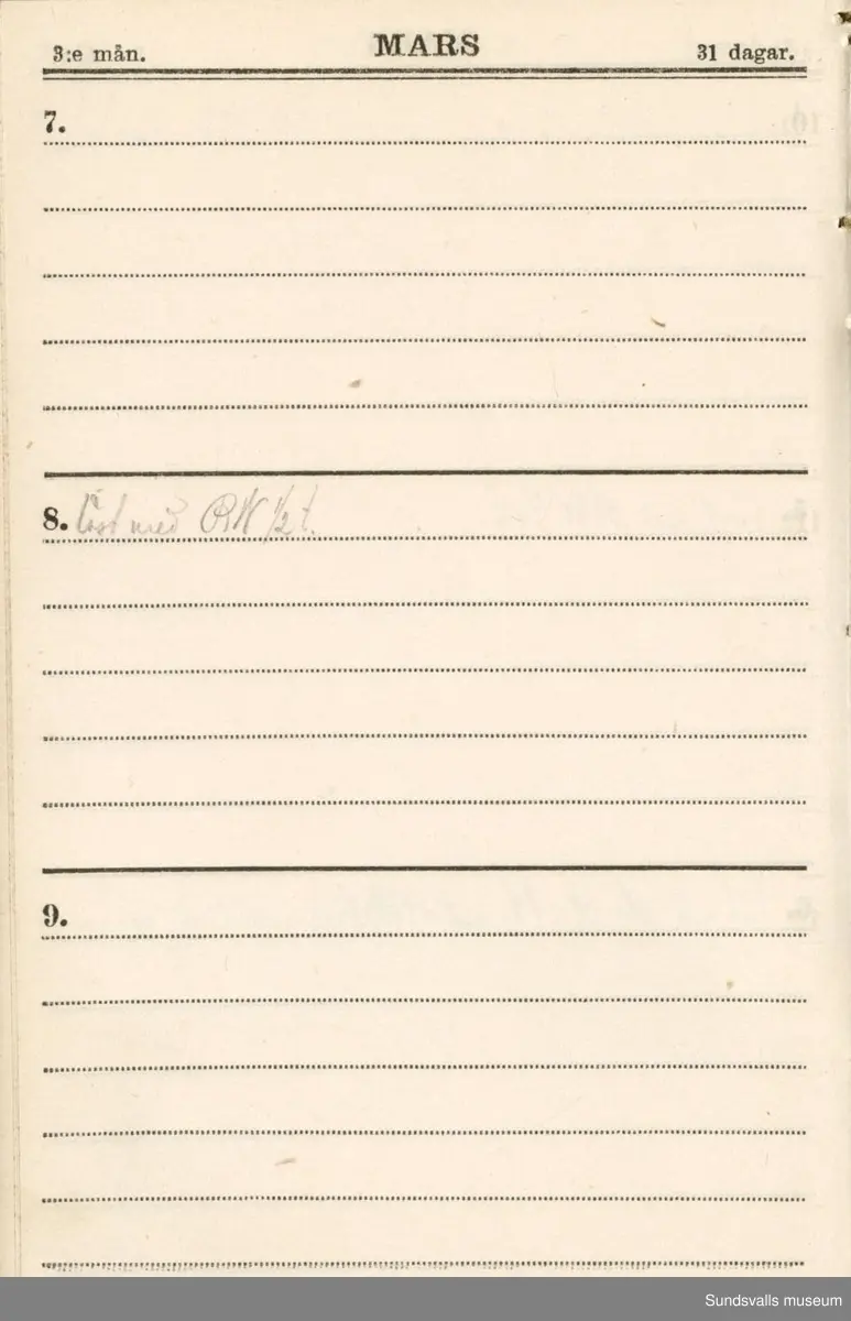 Dagbok. Erik Petter Wallmark (1870-1891) 

E.P. Wallmark föddes på ett hemman i Valla, Selånger. Han var student vid Uppsala universitet och klarade sin fil.kand. på endast två terminer.  E.P. Wallmark var sjuk i tbc och avled endast 20 år gammal. 
Anteckningarna, skrivna mellan 1888-1891, rör bland annat hans tid i Uppsala och sjukdomens förlopp. 

Se länkade filer för komplett dagbok