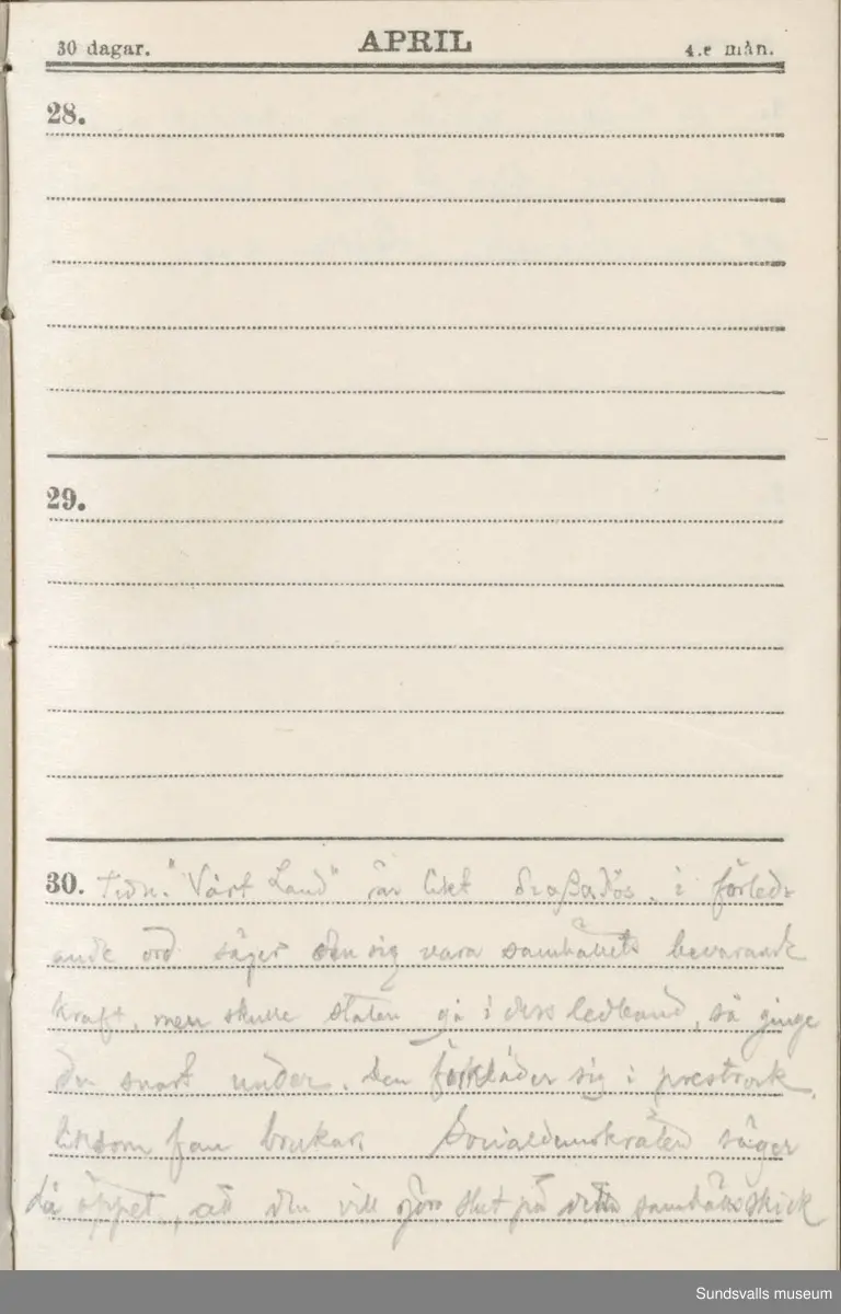 Dagbok. Erik Petter Wallmark (1870-1891) 

E.P. Wallmark föddes på ett hemman i Valla, Selånger. Han var student vid Uppsala universitet och klarade sin fil.kand. på endast två terminer.  E.P. Wallmark var sjuk i tbc och avled endast 20 år gammal. 
Anteckningarna, skrivna mellan 1888-1891, rör bland annat hans tid i Uppsala och sjukdomens förlopp. 


Se länkade filer för komplett dadbok.