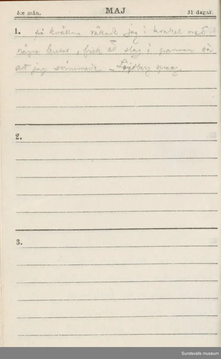 Dagbok. Erik Petter Wallmark (1870-1891) 

E.P. Wallmark föddes på ett hemman i Valla, Selånger. Han var student vid Uppsala universitet och klarade sin fil.kand. på endast två terminer.  E.P. Wallmark var sjuk i tbc och avled endast 20 år gammal. 
Anteckningarna, skrivna mellan 1888-1891, rör bland annat hans tid i Uppsala och sjukdomens förlopp. 


Se länkade filer för komplett dadbok.