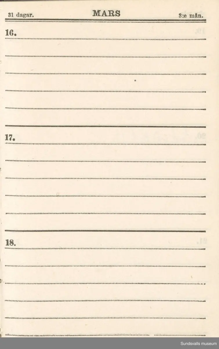 Dagbok. Erik Petter Wallmark (1870-1891) 

E.P. Wallmark föddes på ett hemman i Valla, Selånger. Han var student vid Uppsala universitet och klarade sin fil.kand. på endast två terminer.  E.P. Wallmark var sjuk i tbc och avled endast 20 år gammal. 
Anteckningarna, skrivna mellan 1888-1891, rör bland annat hans tid i Uppsala och sjukdomens förlopp. 

Se länkade filer för komplett dagbok