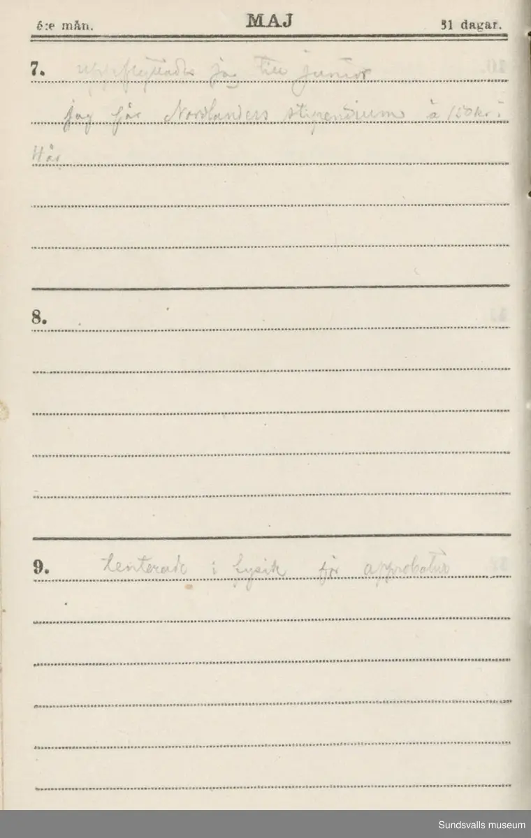 Dagbok. Erik Petter Wallmark (1870-1891) 

E.P. Wallmark föddes på ett hemman i Valla, Selånger. Han var student vid Uppsala universitet och klarade sin fil.kand. på endast två terminer.  E.P. Wallmark var sjuk i tbc och avled endast 20 år gammal. 
Anteckningarna, skrivna mellan 1888-1891, rör bland annat hans tid i Uppsala och sjukdomens förlopp. 


Se länkade filer för komplett dadbok.