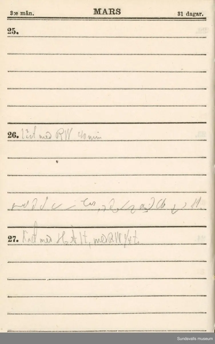 Dagbok. Erik Petter Wallmark (1870-1891) 

E.P. Wallmark föddes på ett hemman i Valla, Selånger. Han var student vid Uppsala universitet och klarade sin fil.kand. på endast två terminer.  E.P. Wallmark var sjuk i tbc och avled endast 20 år gammal. 
Anteckningarna, skrivna mellan 1888-1891, rör bland annat hans tid i Uppsala och sjukdomens förlopp. 

Se länkade filer för komplett dagbok