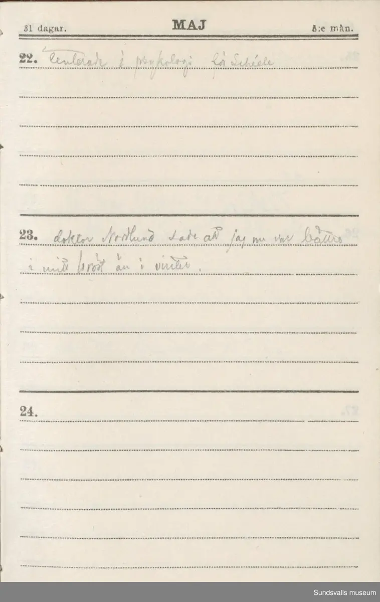 Dagbok. Erik Petter Wallmark (1870-1891) 

E.P. Wallmark föddes på ett hemman i Valla, Selånger. Han var student vid Uppsala universitet och klarade sin fil.kand. på endast två terminer.  E.P. Wallmark var sjuk i tbc och avled endast 20 år gammal. 
Anteckningarna, skrivna mellan 1888-1891, rör bland annat hans tid i Uppsala och sjukdomens förlopp. 


Se länkade filer för komplett dadbok.