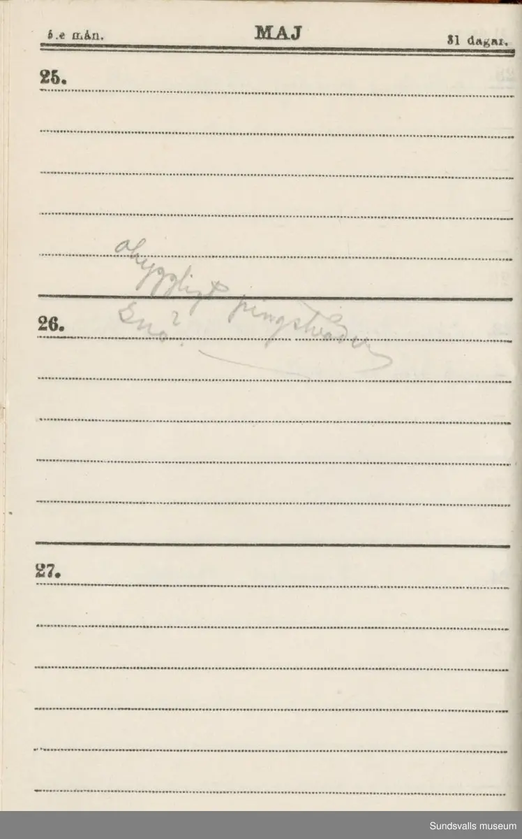 Dagbok. Erik Petter Wallmark (1870-1891) 

E.P. Wallmark föddes på ett hemman i Valla, Selånger. Han var student vid Uppsala universitet och klarade sin fil.kand. på endast två terminer.  E.P. Wallmark var sjuk i tbc och avled endast 20 år gammal. 
Anteckningarna, skrivna mellan 1888-1891, rör bland annat hans tid i Uppsala och sjukdomens förlopp. 


Se länkade filer för komplett dadbok.