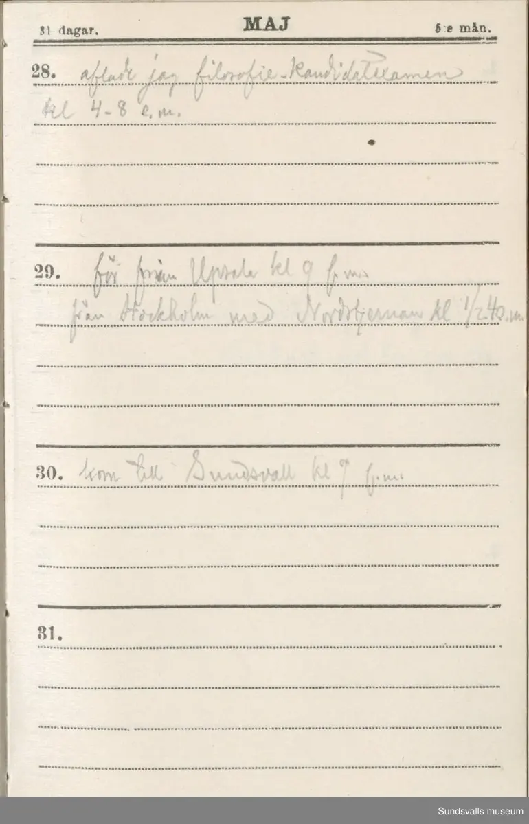 Dagbok. Erik Petter Wallmark (1870-1891) 

E.P. Wallmark föddes på ett hemman i Valla, Selånger. Han var student vid Uppsala universitet och klarade sin fil.kand. på endast två terminer.  E.P. Wallmark var sjuk i tbc och avled endast 20 år gammal. 
Anteckningarna, skrivna mellan 1888-1891, rör bland annat hans tid i Uppsala och sjukdomens förlopp. 


Se länkade filer för komplett dadbok.