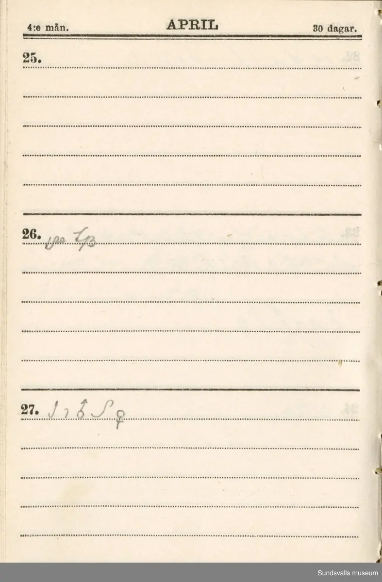 Dagbok. Erik Petter Wallmark (1870-1891) 

E.P. Wallmark föddes på ett hemman i Valla, Selånger. Han var student vid Uppsala universitet och klarade sin fil.kand. på endast två terminer.  E.P. Wallmark var sjuk i tbc och avled endast 20 år gammal. 
Anteckningarna, skrivna mellan 1888-1891, rör bland annat hans tid i Uppsala och sjukdomens förlopp. 

Se länkade filer för komplett dagbok