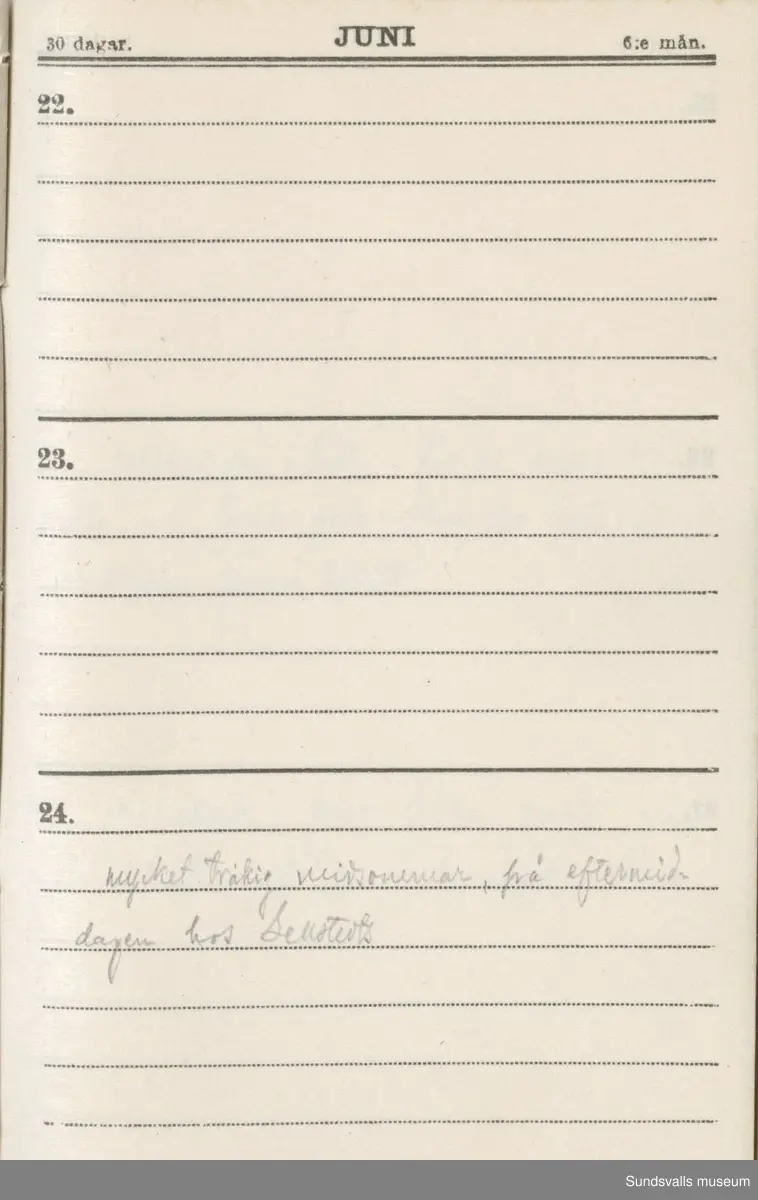 Dagbok. Erik Petter Wallmark (1870-1891) 

E.P. Wallmark föddes på ett hemman i Valla, Selånger. Han var student vid Uppsala universitet och klarade sin fil.kand. på endast två terminer.  E.P. Wallmark var sjuk i tbc och avled endast 20 år gammal. 
Anteckningarna, skrivna mellan 1888-1891, rör bland annat hans tid i Uppsala och sjukdomens förlopp. 


Se länkade filer för komplett dadbok.