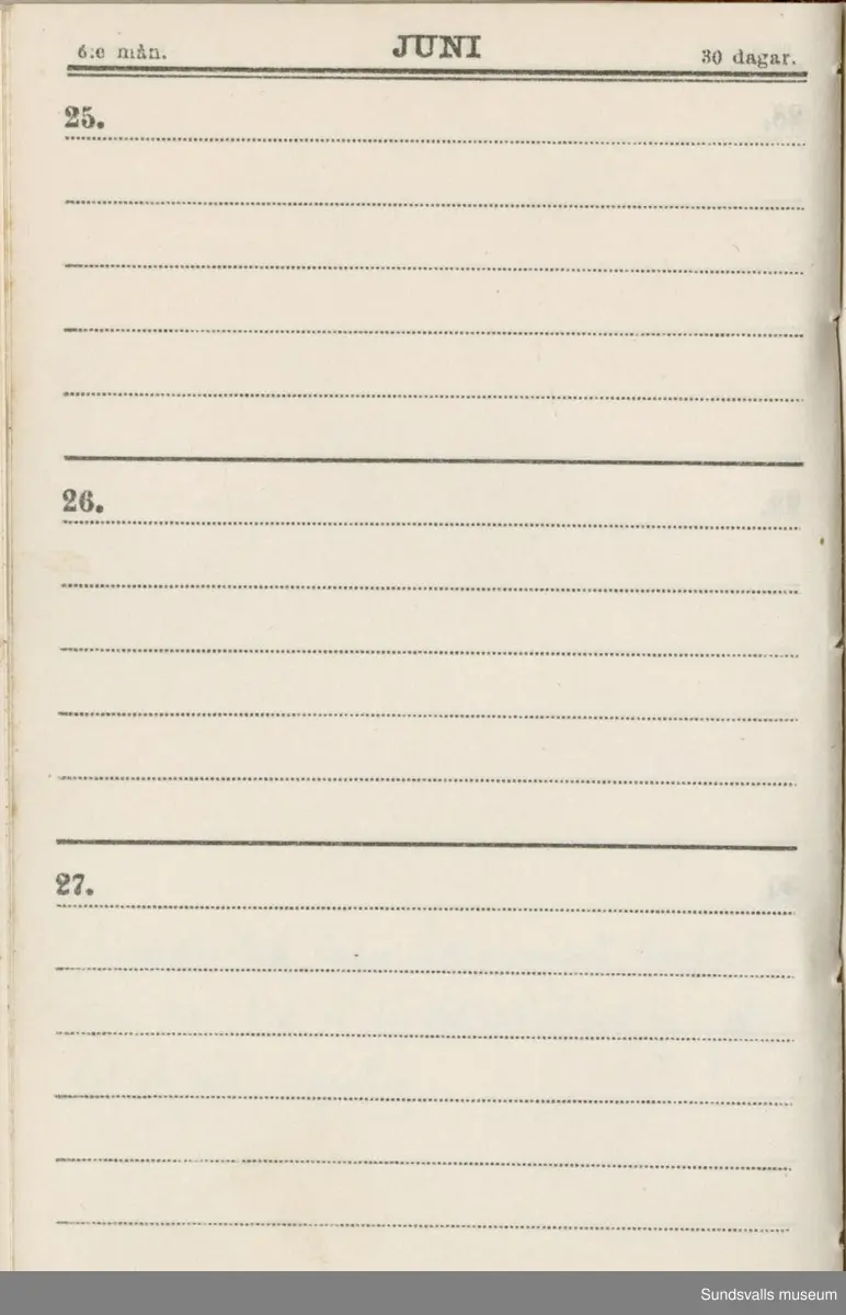 Dagbok. Erik Petter Wallmark (1870-1891) 

E.P. Wallmark föddes på ett hemman i Valla, Selånger. Han var student vid Uppsala universitet och klarade sin fil.kand. på endast två terminer.  E.P. Wallmark var sjuk i tbc och avled endast 20 år gammal. 
Anteckningarna, skrivna mellan 1888-1891, rör bland annat hans tid i Uppsala och sjukdomens förlopp. 


Se länkade filer för komplett dadbok.