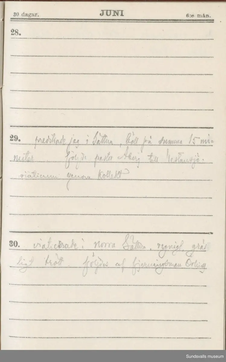 Dagbok. Erik Petter Wallmark (1870-1891) 

E.P. Wallmark föddes på ett hemman i Valla, Selånger. Han var student vid Uppsala universitet och klarade sin fil.kand. på endast två terminer.  E.P. Wallmark var sjuk i tbc och avled endast 20 år gammal. 
Anteckningarna, skrivna mellan 1888-1891, rör bland annat hans tid i Uppsala och sjukdomens förlopp. 


Se länkade filer för komplett dadbok.