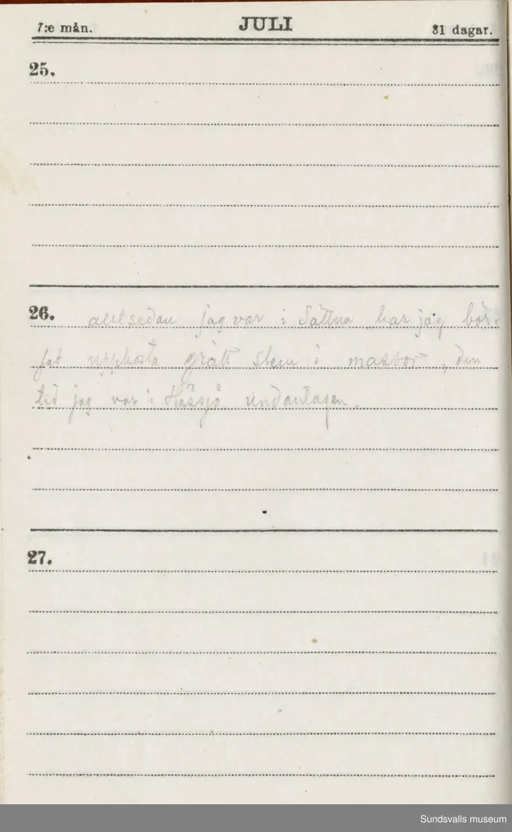 Dagbok. Erik Petter Wallmark (1870-1891) 

E.P. Wallmark föddes på ett hemman i Valla, Selånger. Han var student vid Uppsala universitet och klarade sin fil.kand. på endast två terminer.  E.P. Wallmark var sjuk i tbc och avled endast 20 år gammal. 
Anteckningarna, skrivna mellan 1888-1891, rör bland annat hans tid i Uppsala och sjukdomens förlopp. 


Se länkade filer för komplett dadbok.