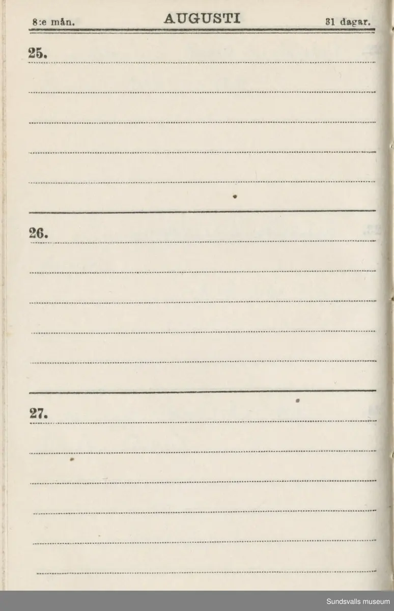 Dagbok. Erik Petter Wallmark (1870-1891) 

E.P. Wallmark föddes på ett hemman i Valla, Selånger. Han var student vid Uppsala universitet och klarade sin fil.kand. på endast två terminer.  E.P. Wallmark var sjuk i tbc och avled endast 20 år gammal. 
Anteckningarna, skrivna mellan 1888-1891, rör bland annat hans tid i Uppsala och sjukdomens förlopp. 


Se länkade filer för komplett dadbok.