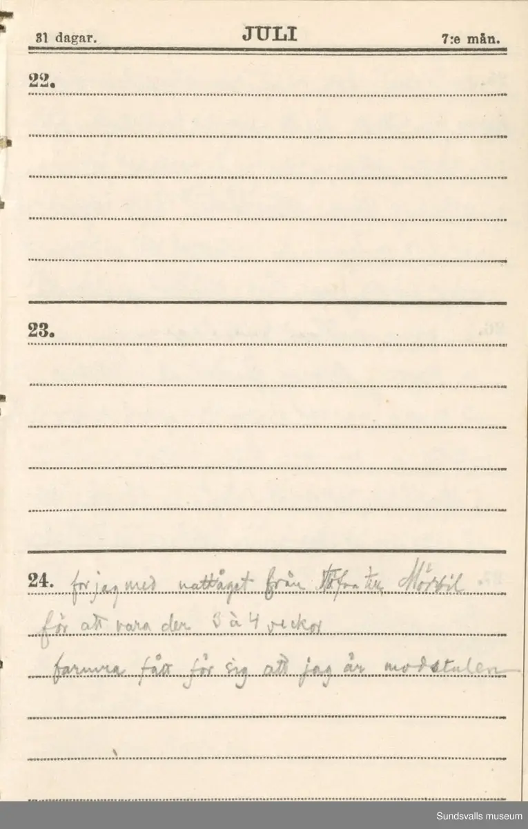 Dagbok. Erik Petter Wallmark (1870-1891) 

E.P. Wallmark föddes på ett hemman i Valla, Selånger. Han var student vid Uppsala universitet och klarade sin fil.kand. på endast två terminer.  E.P. Wallmark var sjuk i tbc och avled endast 20 år gammal. 
Anteckningarna, skrivna mellan 1888-1891, rör bland annat hans tid i Uppsala och sjukdomens förlopp. 

Se länkade filer för komplett dagbok