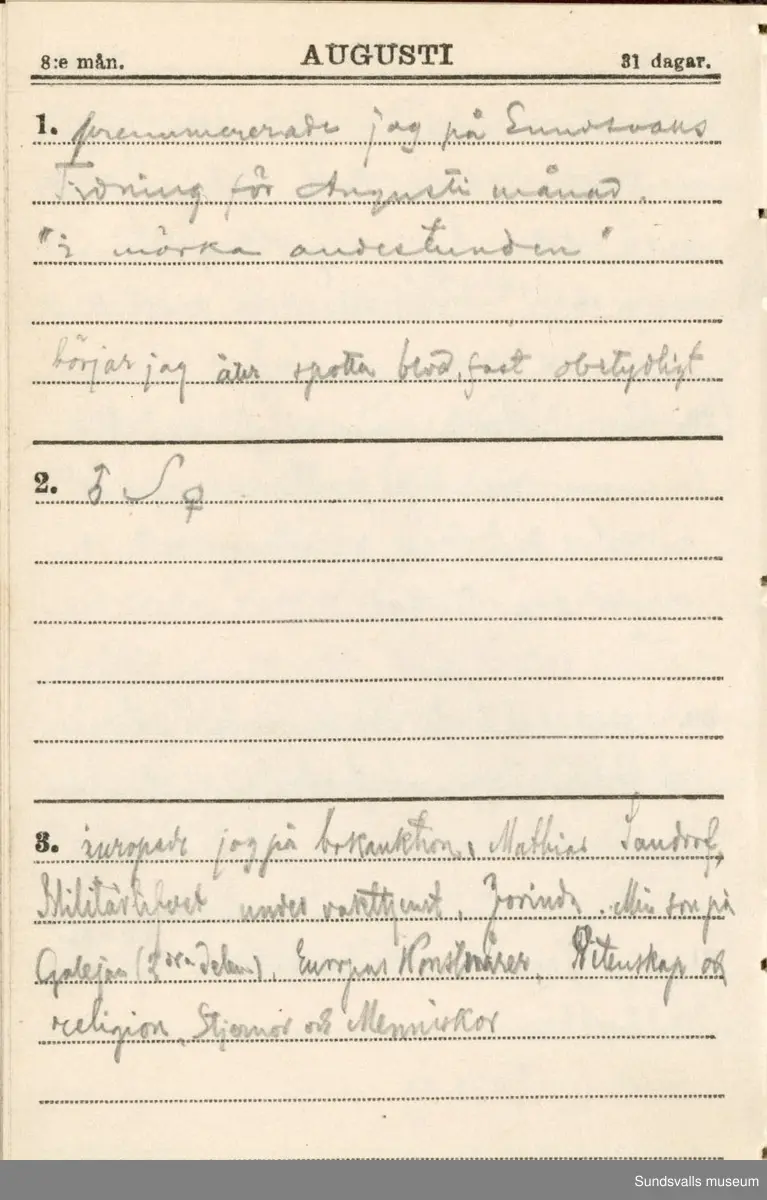 Dagbok. Erik Petter Wallmark (1870-1891) 

E.P. Wallmark föddes på ett hemman i Valla, Selånger. Han var student vid Uppsala universitet och klarade sin fil.kand. på endast två terminer.  E.P. Wallmark var sjuk i tbc och avled endast 20 år gammal. 
Anteckningarna, skrivna mellan 1888-1891, rör bland annat hans tid i Uppsala och sjukdomens förlopp. 

Se länkade filer för komplett dagbok
