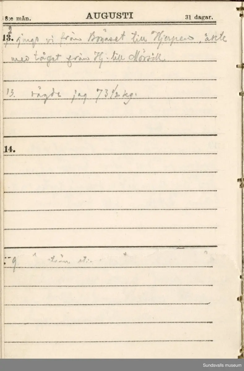 Dagbok. Erik Petter Wallmark (1870-1891) 

E.P. Wallmark föddes på ett hemman i Valla, Selånger. Han var student vid Uppsala universitet och klarade sin fil.kand. på endast två terminer.  E.P. Wallmark var sjuk i tbc och avled endast 20 år gammal. 
Anteckningarna, skrivna mellan 1888-1891, rör bland annat hans tid i Uppsala och sjukdomens förlopp. 

Se länkade filer för komplett dagbok