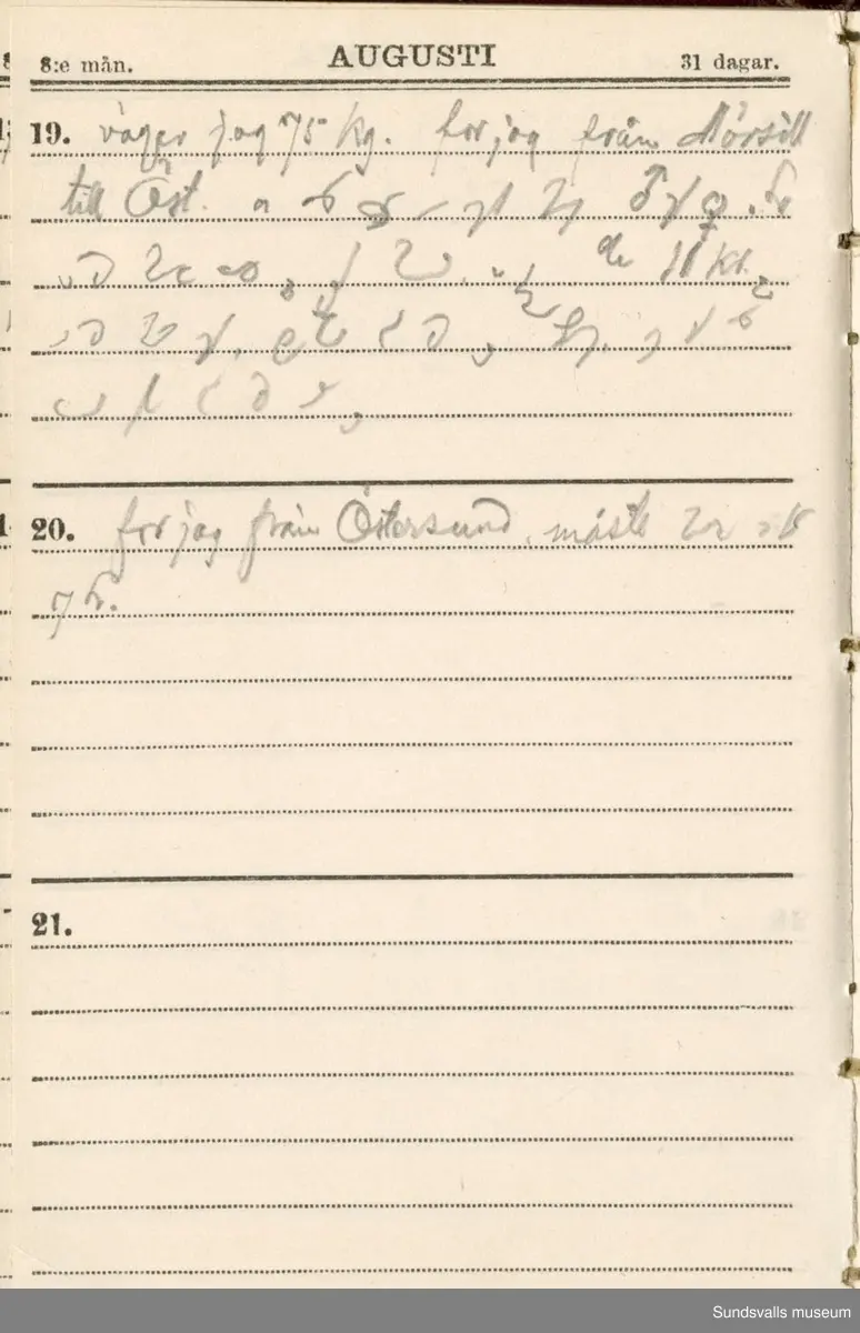 Dagbok. Erik Petter Wallmark (1870-1891) 

E.P. Wallmark föddes på ett hemman i Valla, Selånger. Han var student vid Uppsala universitet och klarade sin fil.kand. på endast två terminer.  E.P. Wallmark var sjuk i tbc och avled endast 20 år gammal. 
Anteckningarna, skrivna mellan 1888-1891, rör bland annat hans tid i Uppsala och sjukdomens förlopp. 

Se länkade filer för komplett dagbok