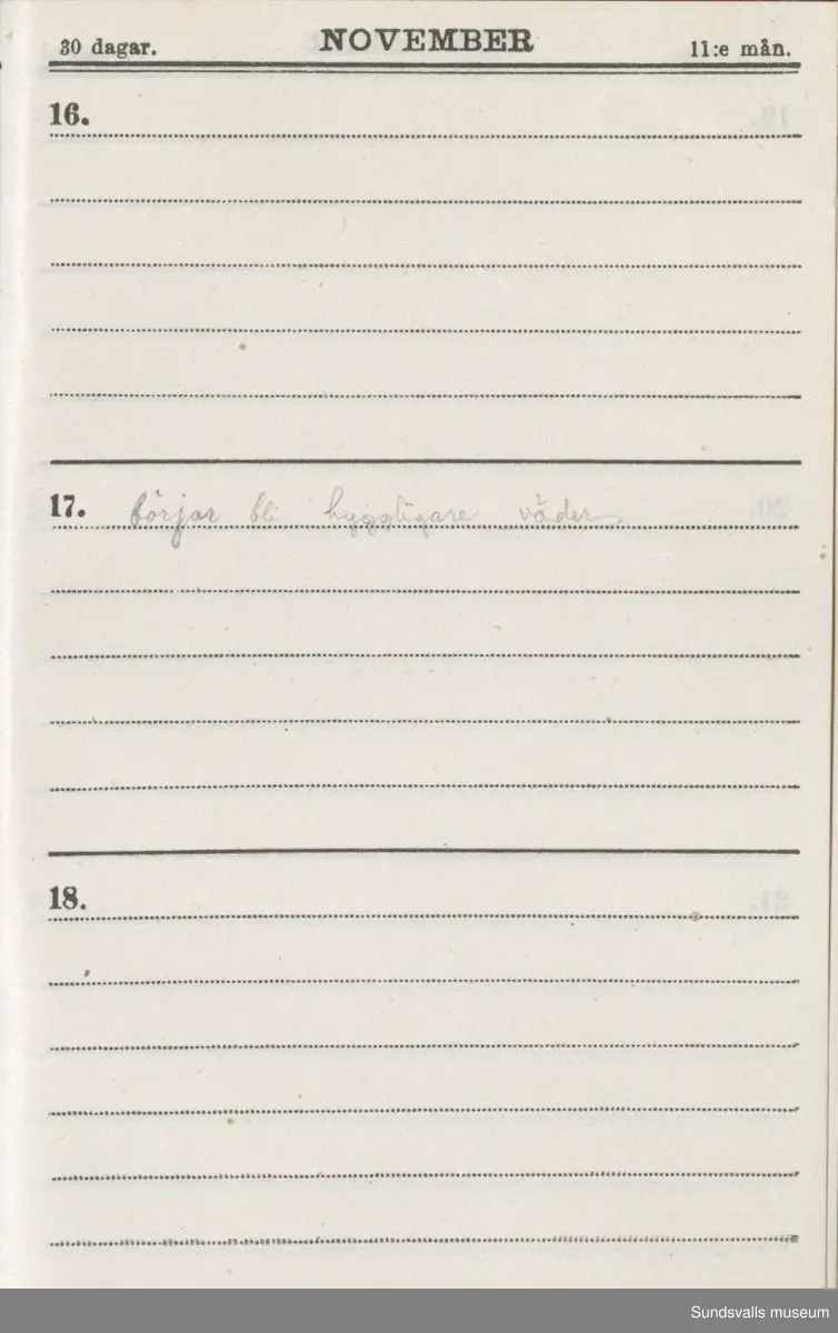 Dagbok. Erik Petter Wallmark (1870-1891) 

E.P. Wallmark föddes på ett hemman i Valla, Selånger. Han var student vid Uppsala universitet och klarade sin fil.kand. på endast två terminer.  E.P. Wallmark var sjuk i tbc och avled endast 20 år gammal. 
Anteckningarna, skrivna mellan 1888-1891, rör bland annat hans tid i Uppsala och sjukdomens förlopp. 


Se länkade filer för komplett dadbok.