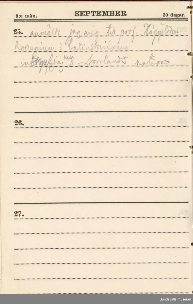 Dagbok. Erik Petter Wallmark (1870-1891) 

E.P. Wallmark föddes på ett hemman i Valla, Selånger. Han var student vid Uppsala universitet och klarade sin fil.kand. på endast två terminer.  E.P. Wallmark var sjuk i tbc och avled endast 20 år gammal. 
Anteckningarna, skrivna mellan 1888-1891, rör bland annat hans tid i Uppsala och sjukdomens förlopp. 

Se länkade filer för komplett dagbok