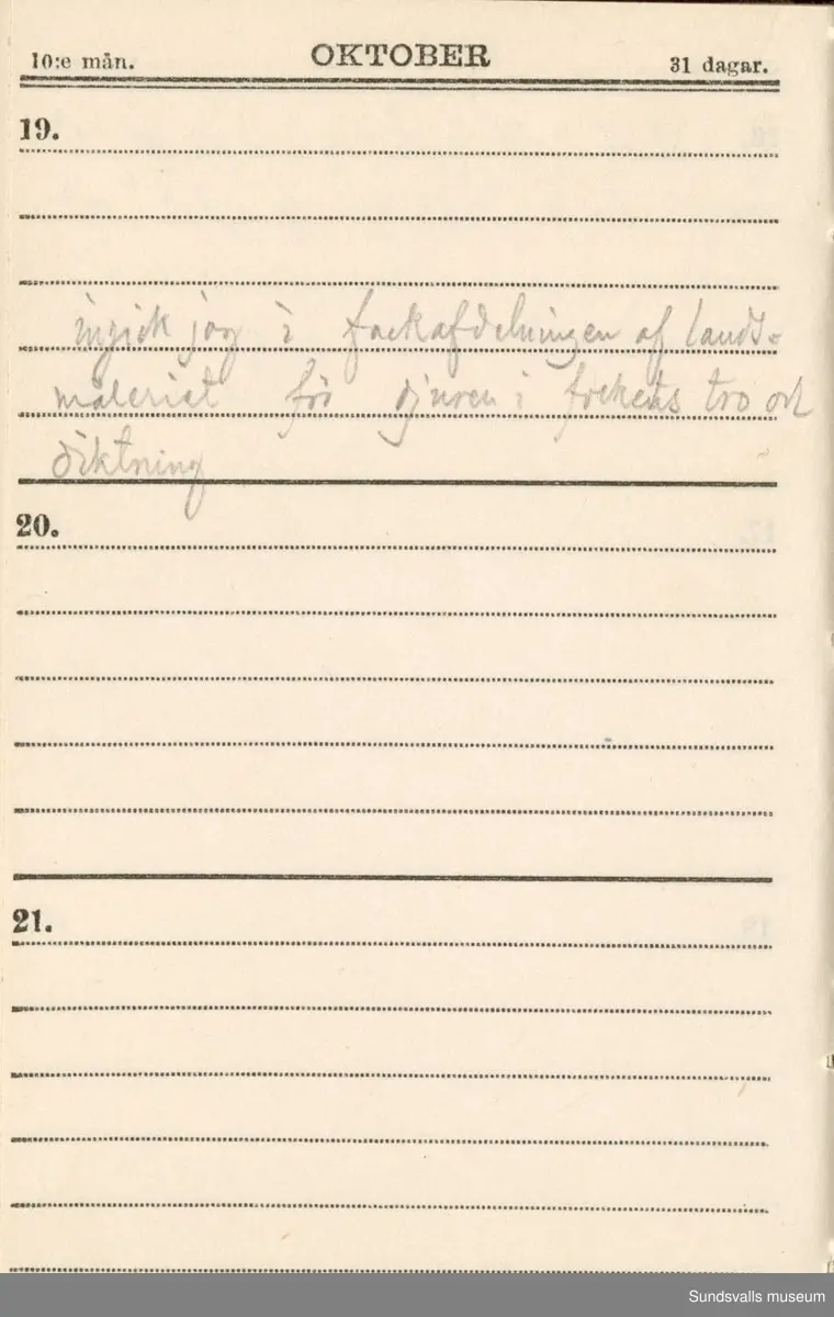 Dagbok. Erik Petter Wallmark (1870-1891) 

E.P. Wallmark föddes på ett hemman i Valla, Selånger. Han var student vid Uppsala universitet och klarade sin fil.kand. på endast två terminer.  E.P. Wallmark var sjuk i tbc och avled endast 20 år gammal. 
Anteckningarna, skrivna mellan 1888-1891, rör bland annat hans tid i Uppsala och sjukdomens förlopp. 

Se länkade filer för komplett dagbok