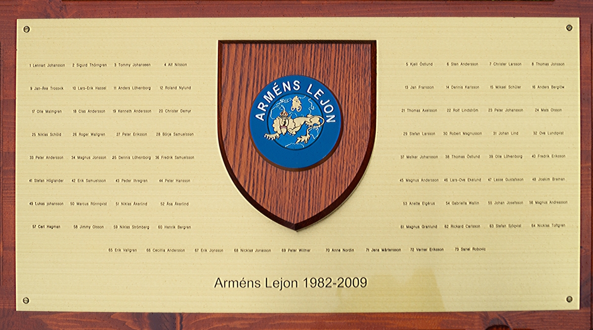 En mässingstavla på träbotten. Längst ner texten ” Arméns Lejon 1982-2009”. I mitten en träsköld med Arméns Lejons märke. Runt skölden finns namnen på de som ingått i gruppen:
1 Lennart Johansson
2 Sigurd Thörngren
3 Tommy Johanssen
4 Alf Nilsson
5 Kjell Östlund
6 Sten Andersson
7 Christer Larsson
8 Thomas Jonsson
9 Jan-Åke Trossvik
10 Lars-Erik Hassel
11 Anders Lövenborg
12 Roland Nylund
13 Jan Fransson
14 Dennis Karlsson
15 Mikael Schüler
16 Anders Berglöw
17 Olle Malmgren 
18 Clas Andersson
19 Kenneth Andersson
20 Christer Demyr
21 Thomas Axelsson
22 Rolf Lindström
23 Peter Johansson
24 Mats Olsson
25 Niklas Schöld
26 Roger Wallgren
27 Peter Eriksson
28 Börje Samuelsson
29 Stefan Larsson
30 Robert Magnuson
31 Johan Lind
32 Ove Lundqvist
33 Peter Andersson
34 Magnus Jonsson
35 Dennis Löfvenborg
36 Fredrik Samuelsson
37 Melker Johansson
38 Thomas Östlund
39 Olle Löfvenborg
40 Fredrik Eriksson
41 Stefan Höglander
42 Erik Samuelsson
43 Peder Ihregren
44 Peter Hansson
45 Magnus Andersson
46 Lars-Ove Ekelund
47 Lasse Gustafsson
48 Joakim Breman
49 Likas Johansson
50 Marcus Rönnqvist
51 Niklas Åkerlind
52 Åsa Åkerlind
53 Anette Elgérus
54 Gabriella Wallin
55 Johan Josefsson
56 Magnus Andreasson
57 Carl Hagman
58 Jimmy Olsson
59 Niklas Strömberg
60 Henrik Berggren
61 Magnus Grenlund
62 Rickard Carlsson
63 Stefan Sjöqvist
64 Nicklas Toftgren
65 Erik Vallgren
66 Cecilia Andersson
67 Erik Jonsson
68 Nicklas Jonasson
69 Peter Willner
70 Anne Nordin
71 Jens Mårtensson
72 Verner Eriksson
73 Sanel Robovic