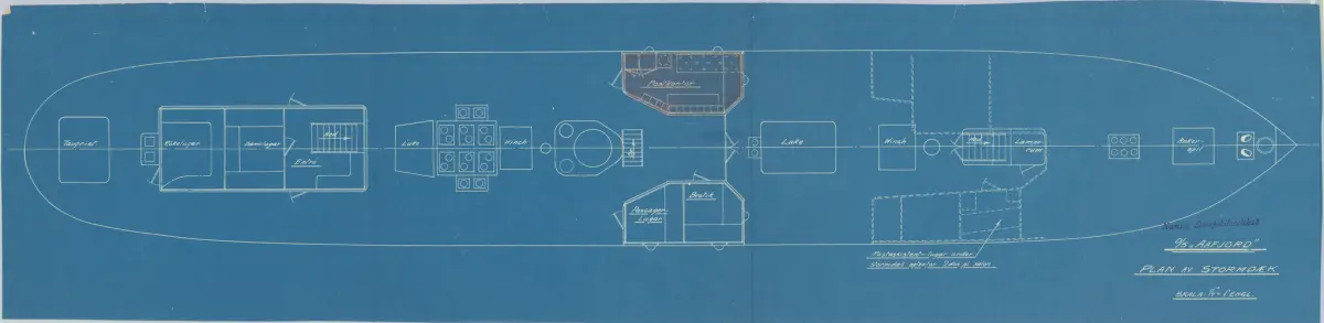 Blåkopi av plantegning av stormdekk - DS Aafjord.