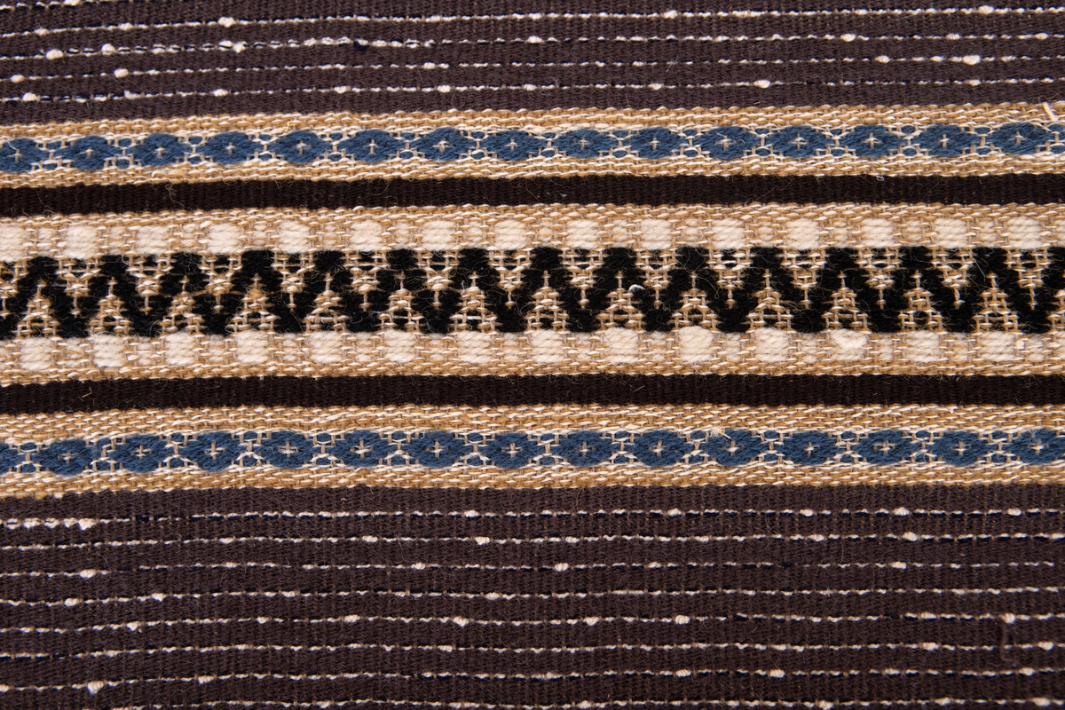 Provet har en maskinskriven papperslapp med texten: Nr 48, 3. Bollnäs Hemslöjdsförening. Prov vävt av  Bricken Gyllenhammar. Gåva av Elsa och Karin Nordenfelt.