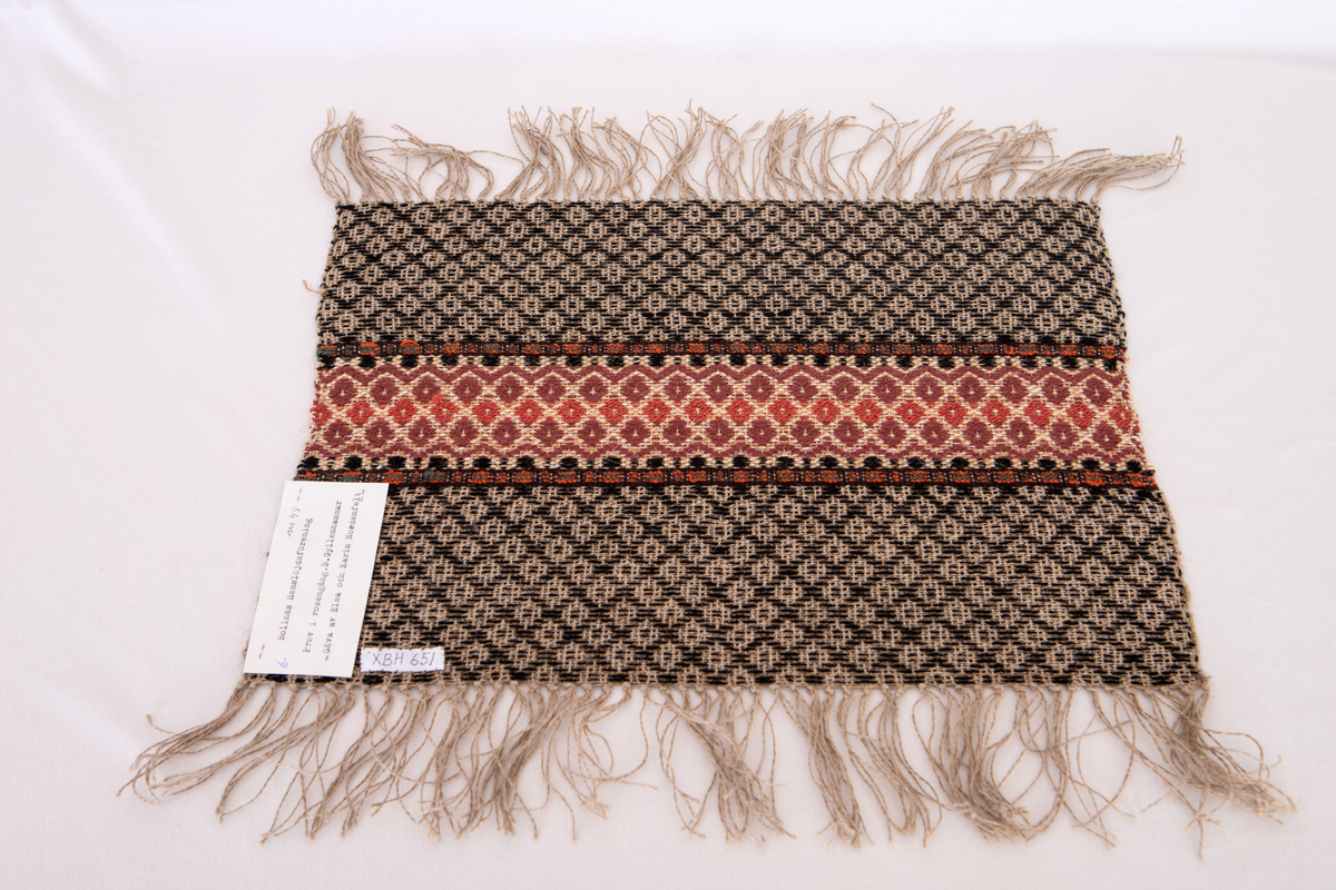 Provet har en maskinskriven papperslapp med texten: Nr 48, 6. Bollnäs Hemslöjdsförening. Prov i rosengång. B. Gyllenhammar. Gåva av Elsa och Karin Nordenfelt.