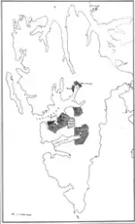 Tekst med bildet: 1938 kart. Spitsbergen S.N.S.G. Russiske f