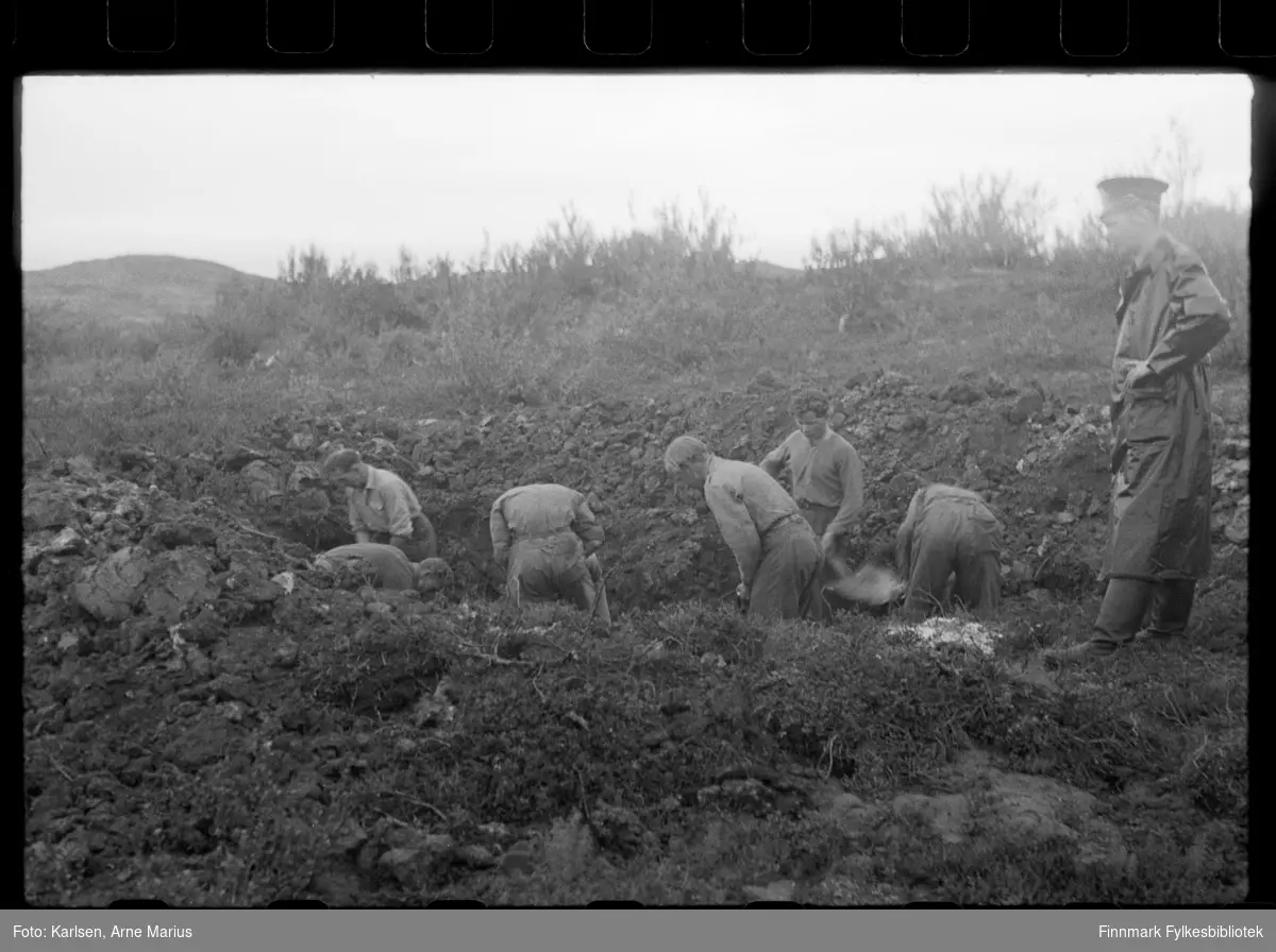 Stor fellesgrav for russere i nærheten av Kirkenes etter krigen. En politimann står til høyre og observerer. Flere unge menn i uniformer arbeider med å grave opp lik.

Foto trolig tatt på slutten av 1940-tallet, tidlig 1950-tallet