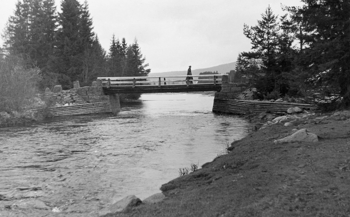 Bru over Midtskogsåa eller Medskogsåa, et vassdrag som har sine kilder i Djerkneliden i Värmland. Derfra renner denne åa sør- og vestover i cvirka 45 kilometer før den til slutt munner ut i Vermundsjøen i Åsnes i Solør, noen få hundre meter vest for den norsksvenske riksgrensa. Dette er antakelig årsaken til at Medskogsåa også har vært kalt Svenskevassdraget. Tømmeret som ble avvirket i dette vassdragets nedslagsfelt ble solgt til norske lastehandlere og ble fløtet via Vermundsjøen mot Glommavassdraget. Brua er antakelig den der det som i dag kalles Peistorpvegen krysser vassdraget. Det var ei bjelkebru i ett spenn mellom tørrmurte brukar av kvadret naturstein. På motstrøms side var brukarene skjermet med skråstilte tømmervegger som skulle hindre at fløtingsvirket hektet seg fast. Da dette fotografiet ble tatt sto en mann oppå brua.

Fram til begynnelsen av 1930-åra ble fløtinga i Midskogsåa eller Medskogsåa ble lenge organisert av Christiania Tømmerdirektion. Etter ei svensk vassdragslovendring i første halvdel av 1930-åra måtte skogeierne i Medskogsåas nedslagsfelt danne Södra Finnskoga Flottningsförening, som fra da av ordet med fløtinga ned til Vermundsjøen med svenske fløtere. På norsk side var det en aktør som reiste spørsmål om man ikke burde respondere på den svenske politikken ved å kreve at norske fløtere skulle ha enerett til å fløte tømmeret den siste halve kilometeren, på norsk side av riksgrensa. Sluttrensken på denne strekningen brukte imidlertid å være unnagjort på to timer, og ellers hadde to mann fra Södra Finnskoga Flottningsförening periodisk tilsyn med at tømmeret ikke hektet seg ved brua for den nevnte bygdevegen mellom Linna og Peistorpet i de 4-6 ukene fløtinga i Medskogsåa pågikk. Christiania Tømmerdirektion var ikke interessert i å mobilisere fløtere for såpass lite arbeid. Det hører med til historia at innmålinga av virket også på svensk side var organisert gjennom Glommens tømmermåling og ble utført av norske målere.