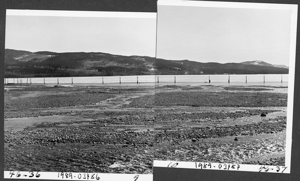 Fra elva Rindas utløp i Mjøsa ved Vingrom i daværende Fåberg kommune i Oppland.  Fotografiet er tatt våren 1939.  Vi ser ut over et bredt, grunt og steinete elveløp med lav vannføring og enkelte små isflak etter foregående vinter.  På motsatt side av Mjøsa ser vi i retning bygdelaget Søre Ål, som også lå i Fåberg. I Glomma fellesfløtingsforenings album er dette bildet er montert som den venstre delen av et todelt panoramaopptak.  

Elva Rinda kommer fra Rindtjernene sør for Rindåsen, i grensetraktene mellom Vestre Gausdal og Fåberg.  Den renner gjennom Saksumdalen, og når Mjøsa etter drøyt to mil.  Rinda renner gjennom skogtrakter, og den var derfor ei viktig fløtingselv.  For å hindre at fløtingsvirket strøk fra elveosen og ut i Mjøsa ble det oppsatt ei lense som skulle samle opp alle stokkene, slik at de kunne buntes før de ble buksert videre sørover.  Lensa besto av en kjede av flytende tømmerstokker, støttet av ei pælerekke.
