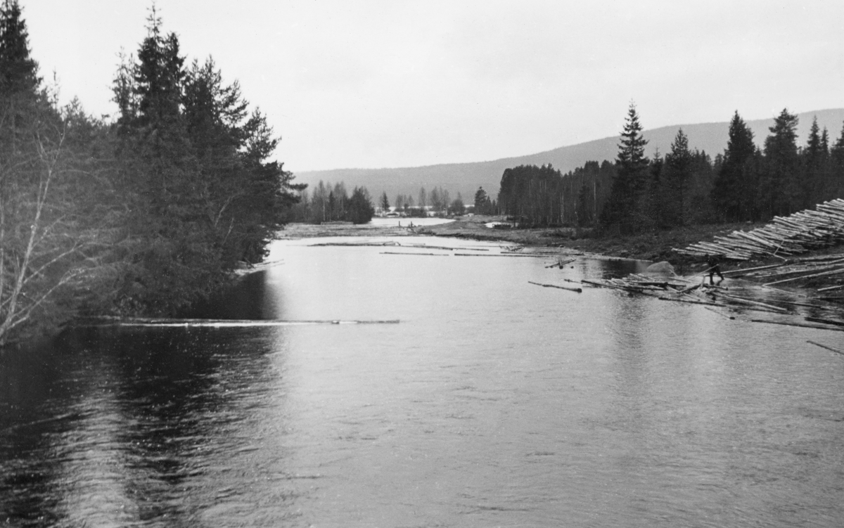 Nedre del av Midtskogsåa eller Medskogsåa, et vassdrag som har sine kilder i Djerkneliden i Värmland. Derfra renner denne åa sør- og vestover i cvirka 45 kilometer før den til slutt munner ut i Vermundsjøen i Åsnes i Solør, noen få hundre meter vest for den norsksvenske riksgrensa. Dette er antakelig årsaken til at Medskogsåa også har vært kalt Svenskevassdraget. Tømmeret som ble avvirket i dette vassdragets nedslagsfelt ble solgt til norske lastehandlere og ble fløtet via Vermundsjøen mot Glommavassdraget. Dette fotografiet er tatt fra brua der det som i dag kalles Peistorpvegen krysser vassdraget. På den nordvestre sida av åa, til høyre på dette bildet, lå det ei lunnevelte med tømmer som fløterne etter hvert skulle slå ut i vassdraget. Nedenfor skimter vi tømmer som fløt på vannspeilet.

Fram til begynnelsen av 1930-åra ble fløtinga i Midskogsåa eller Medskogsåa ble lenge organisert av Christiania Tømmerdirektion. Etter ei svensk vassdragslovendring i første halvdel av 1930-åra måtte skogeierne i Medskogsåas nedslagsfelt danne Södra Finnskoga Flottningsförening, som fra da av ordet med fløtinga ned til Vermundsjøen med svenske fløtere. På norsk side var det en aktør som reiste spørsmål om man ikke burde respondere på den svenske politikken ved å kreve at norske fløtere skulle ha enerett til å fløte tømmeret den siste halve kilometeren, på norsk side av riksgrensa. Sluttrensken på denne strekningen brukte imidlertid å være unnagjort på to timer, og ellers hadde to mann fra Södra Finnskoga Flottningsförening periodisk tilsyn med at tømmeret ikke hektet seg ved brua for den nevnte bygdevegen mellom Linna og Peistorpet i de 4-6 ukene fløtinga i Medskogsåa pågikk. Christiania Tømmerdirektion var ikke interessert i å mobilisere fløtere for såpass lite arbeid. Det hører med til historia at innmålinga av virket også på svensk side var organisert gjennom Glommens tømmermåling og ble utført av norske målere.