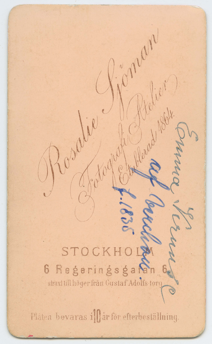Porträtt på Emma Kruuse af Verchou, Jönköping. Född 10 mars år 1835.