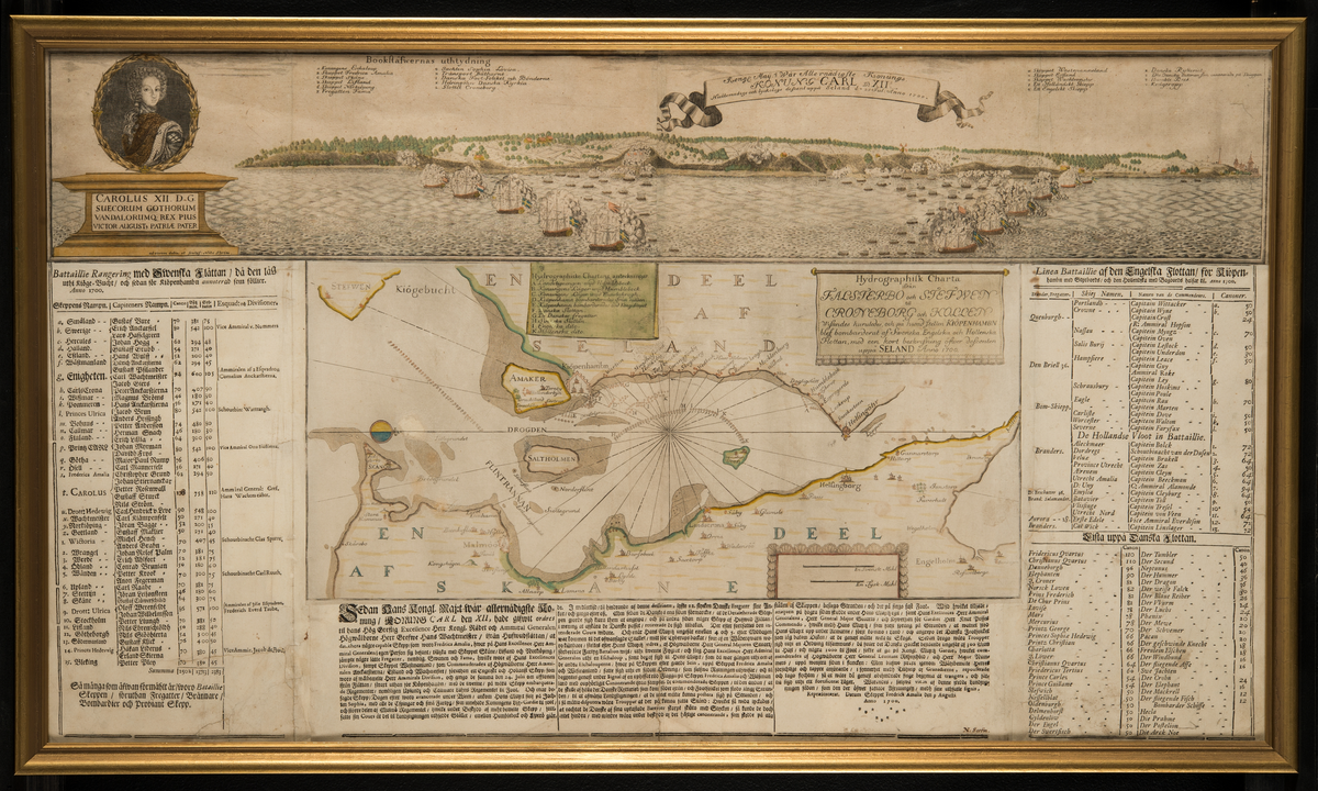 "Landstigningen på Själland och Köpenhamns bombardemang 1700. Akvarellerat kopparstick, ad vivum desti et sculpsit Nils Ström.
Hydrographisk Charta ifrån FALSTERBO til STEFWEN TIL CRONEBORG och KOLLEN wisandes huruledes och på vad stellen KÖPENHAMBN blev bombarderat af Svenska, Engelska och Hollendska Flottan, med een Kort beskrifning öfver descenten uppå SELAND Anno 1700.

Upphovsmannen till denna ovanligt klara och vederhäftiga framställning av landstigningen på Själland och de svenska, engelska och holländska flottornas bombardemang av Köpenhamn 1700, dåvarande styrmanskaptenen och lotsdirektören Nils Ström – sedermera adlad Strömkrona – hade vid krigsutbrottet kommenderats till tjänstgöring på amiralgeneralskeppet Konung Karl, här kallad Carolus, och det är från denna eminenta post han ”ad vivam” tecknat sin bild av den aktion, under vilken den unge kungen, själv en av de första i land, med orden ”detta skall hädanefter bli min musik”, sägs ha hälsat kulornas vinande. Listan på de svenska skeppens rangering upptar såväl bestyckning och besättning som befälhavare: till höger en motsvarande förteckning på de engelska och holländska skepp, som deltog i aktionerna, och en på hela den rustade danska flottan med de bägge 110 kanonskeppen Friedericus Quartus och Christianus Quartus i spetsen. Svenska Flottans Historia II, s.124" 
Beskrivning hämtad från KÖMS beskrivning av kopparstick med samma motiv i deras samling.