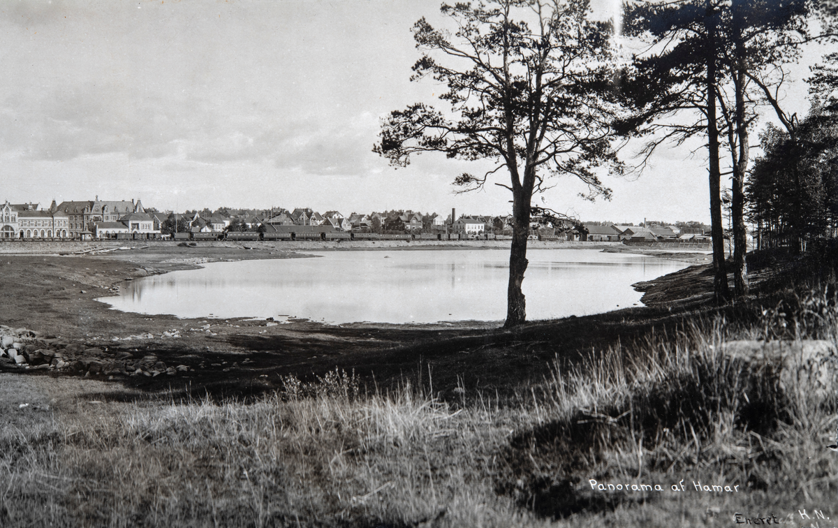 Hamar by, Tjuvholmen, bypanorama mot Hamar stasjon og Jernbanebrygga, Hamarbukta, Veslemjøsa,