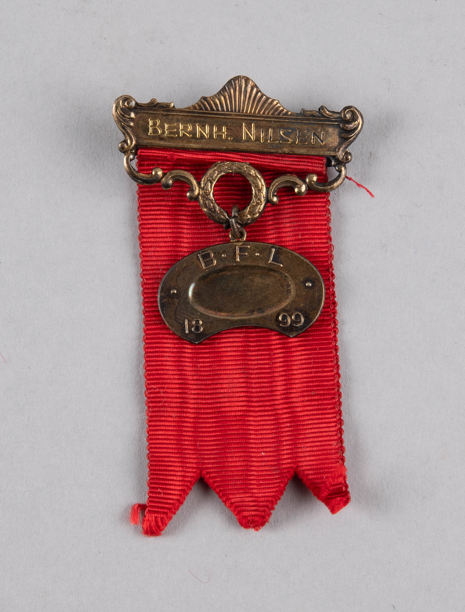 Liten medalje med form som et nyrebekken festet til nål og silkebånd. Ligger i en gjennomsiktig eske av hardplast.