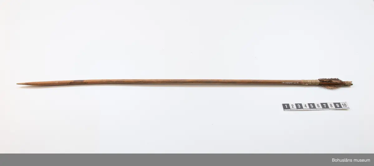 Ur handskrivna katalogen 1957-1958:
Pilkorger m. 15 pilar; Afrika.
Kogret a) L. 75 Br 22 cm.
flätat av tunna vidjor; förstärkt på 2 ställen m. skinn, flätad snodd att bära i. Ngt. trasigt. 
Samtliga pilar har runda träskaft  och har styrfjädrar, utom. o och p;
b-d, L.60,9; 60,5; 58,8 cm. m. lansettform. järnspetsar m. holk.
e-k, L. 68,5; 61,4; 58,2; 56,8; 56,3; 53,0; 53,0; m.långsmala 4- kantiga pikar i spetsen, m. holk.
L-p, L. 56; 55,5; 51,8; 57,4; 47,7 cm. dessa 5 har endast träskaftet tillskuret som spets.
L-o m. hullingar.
(o och p är ofjädrade, se ovan!). De flesta pilarna något skamfilade.

Lappkatalog: 9
