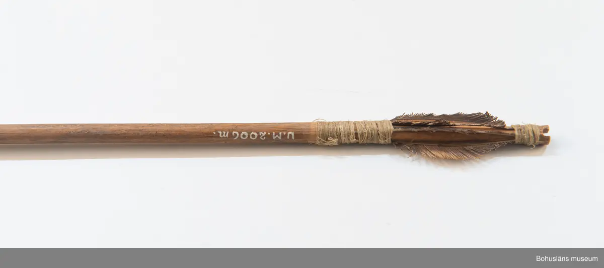 Ur handskrivna katalogen 1957-1958:
Pilkorger m. 15 pilar; Afrika.
Kogret a) L. 75 Br 22 cm.
flätat av tunna vidjor; förstärkt på 2 ställen m. skinn, flätad snodd att bära i. Ngt. trasigt. 
Samtliga pilar har runda träskaft  och har styrfjädrar, utom. o och p;
b-d, L.60,9; 60,5; 58,8 cm. m. lansettform. järnspetsar m. holk.
e-k, L. 68,5; 61,4; 58,2; 56,8; 56,3; 53,0; 53,0; m.långsmala 4- kantiga pikar i spetsen, m. holk.
L-p, L. 56; 55,5; 51,8; 57,4; 47,7 cm. dessa 5 har endast träskaftet tillskuret som spets.
L-o m. hullingar.
(o och p är ofjädrade, se ovan!). De flesta pilarna något skamfilade.

Lappkatalog: 9
