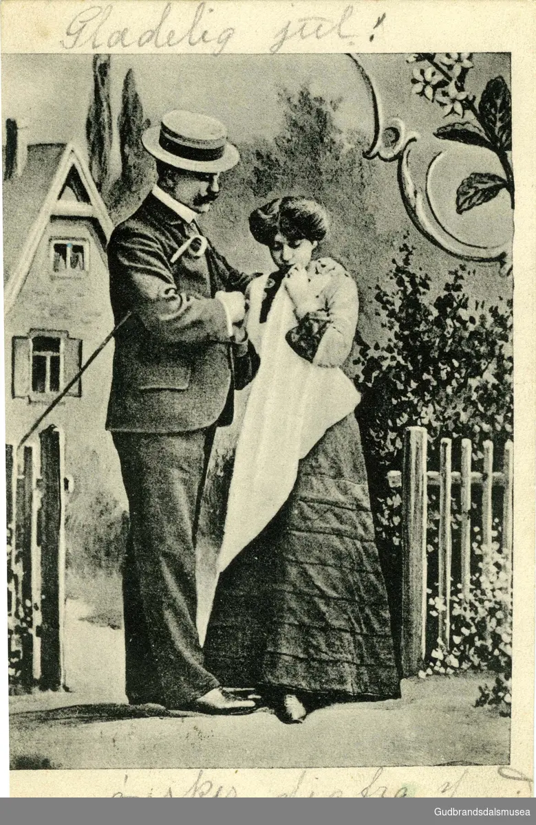 Postkort, tegnet. Mann og kvinne.
