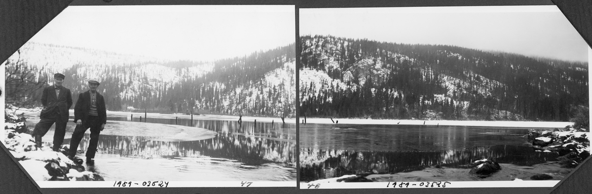 Fra Søre Imssjøen, lengst øst i Ringebu kommune, en kald høst- eller vårdag i 1939. Søre Imssjøen ligger 616 meter over havet og har et vannspeil med snaut en halv kvadratkilometer. Fra nordenden av denne sjøen er det en 200-300 meter lang elvestrekning til Nordre Imsjø, som ligger om lag tre meter høyere og har mer enn dobbelt så stort vannspeil, Fløtinga på Imsa startet vanligvis ved Imsdammen, men enkelte år skal det også blitt fløtet på de to sjøene.  Ute på den delvis islagte vannflata ser vi ei rekke av påler - duc d'alber - som var anleggspunkter for ei lense som ble brukt til å samle det tømmeret som etter hvert skulle fløtes nedover Imsa. I de snødekte liene ned mot sjøen vokste det glissen granskog. I Glomma fellesfløtingsgforenings album er dette bildet høyre del av en panoramamontasje, der SJF.1989-03524 er venstre del.