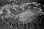 Flygfoto över Avesta 1958. Domarhagsskolan, Frejgatan, Dalavägen, Gymnasium, högstadium.