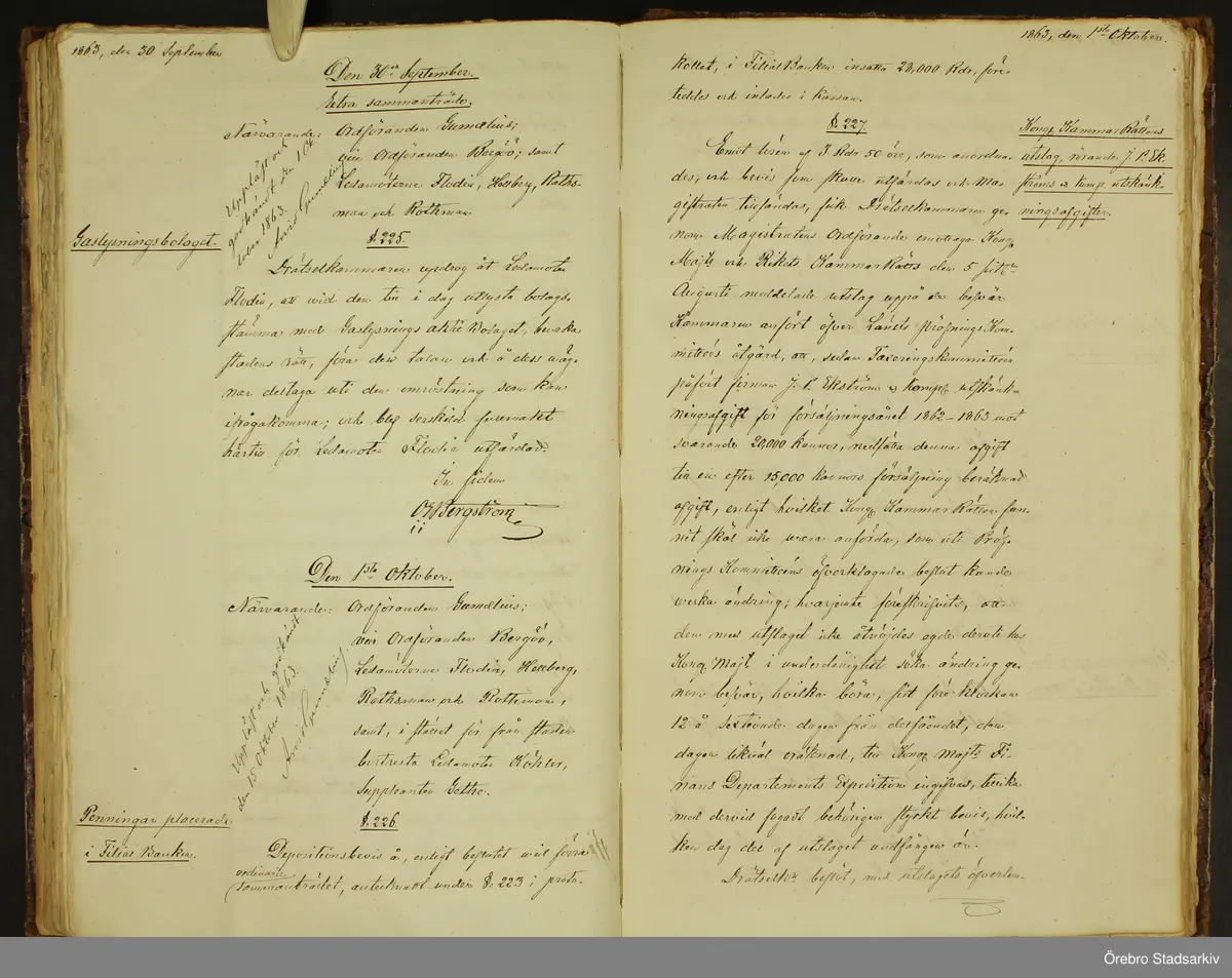 Örebro stad Drätselkammaren, 1863. Protokoll, § 225, 226, 227
