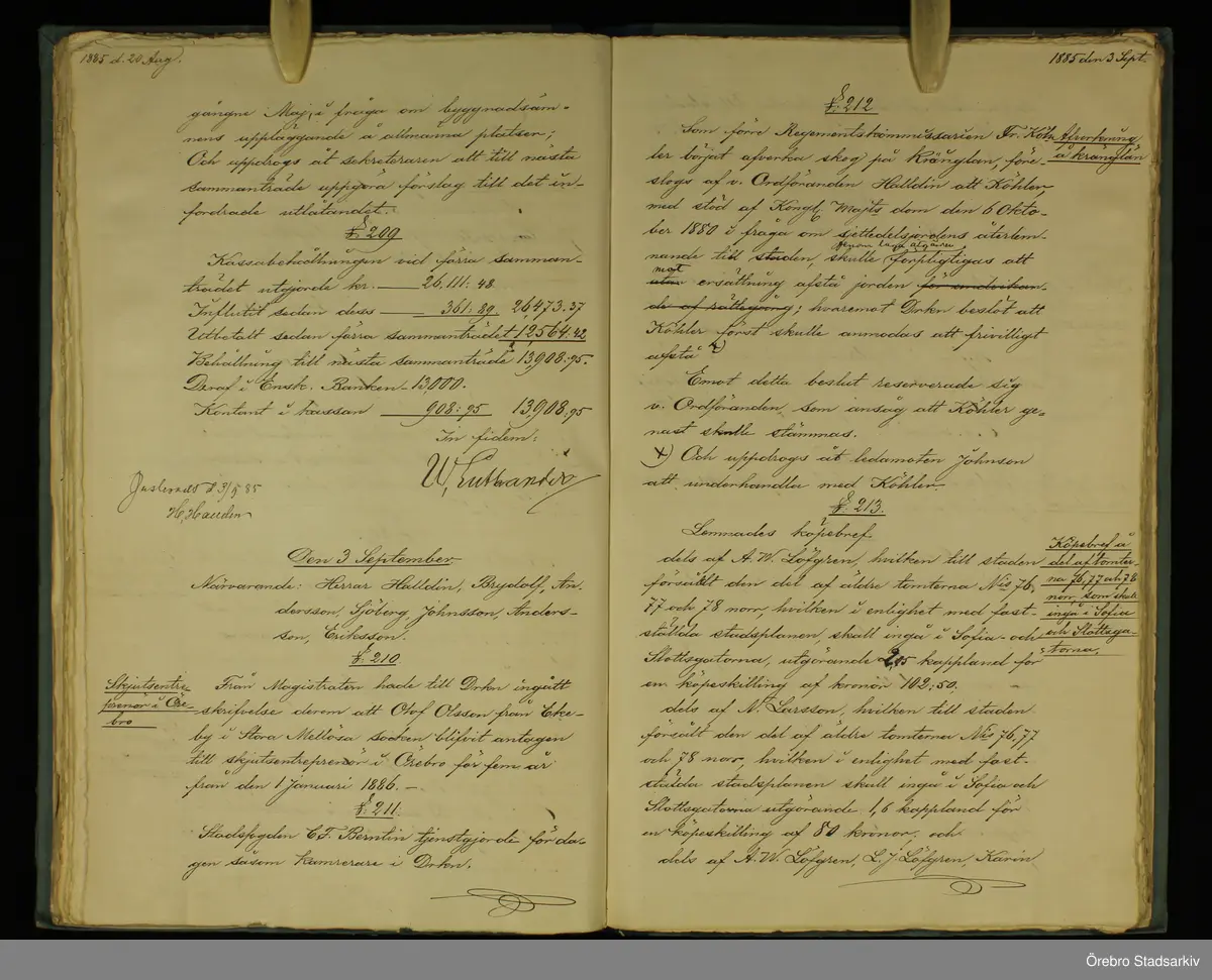 Örebro stad Drätselkammaren, 1885. Protokoll, § 208, 209, § 210, 211, 212, 213