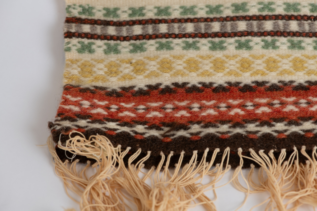 Rektangulær, vevet løper med horisontalt stripemønster i ulike farger. Inni stripene er det igjen andre mønstre, som korsmønster. Kortendene ender i frynser.